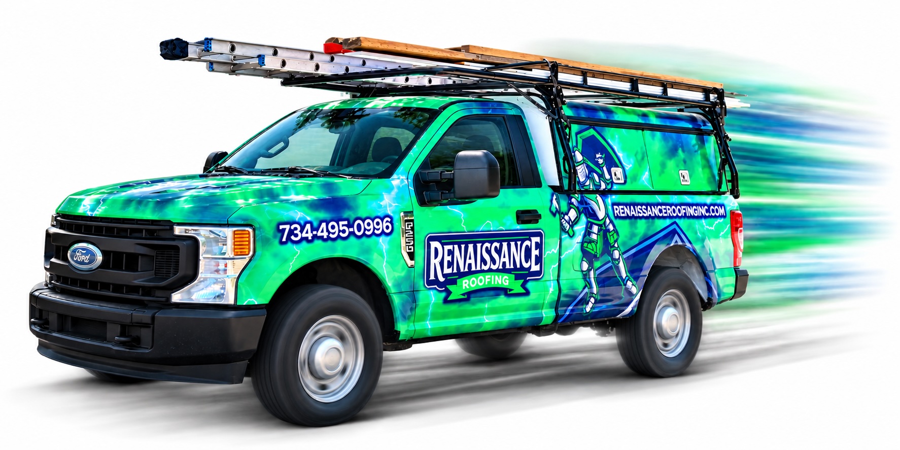 Renaissance Roofing Truck in Motion